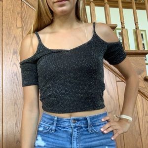 Crop cold shoulder glitter top